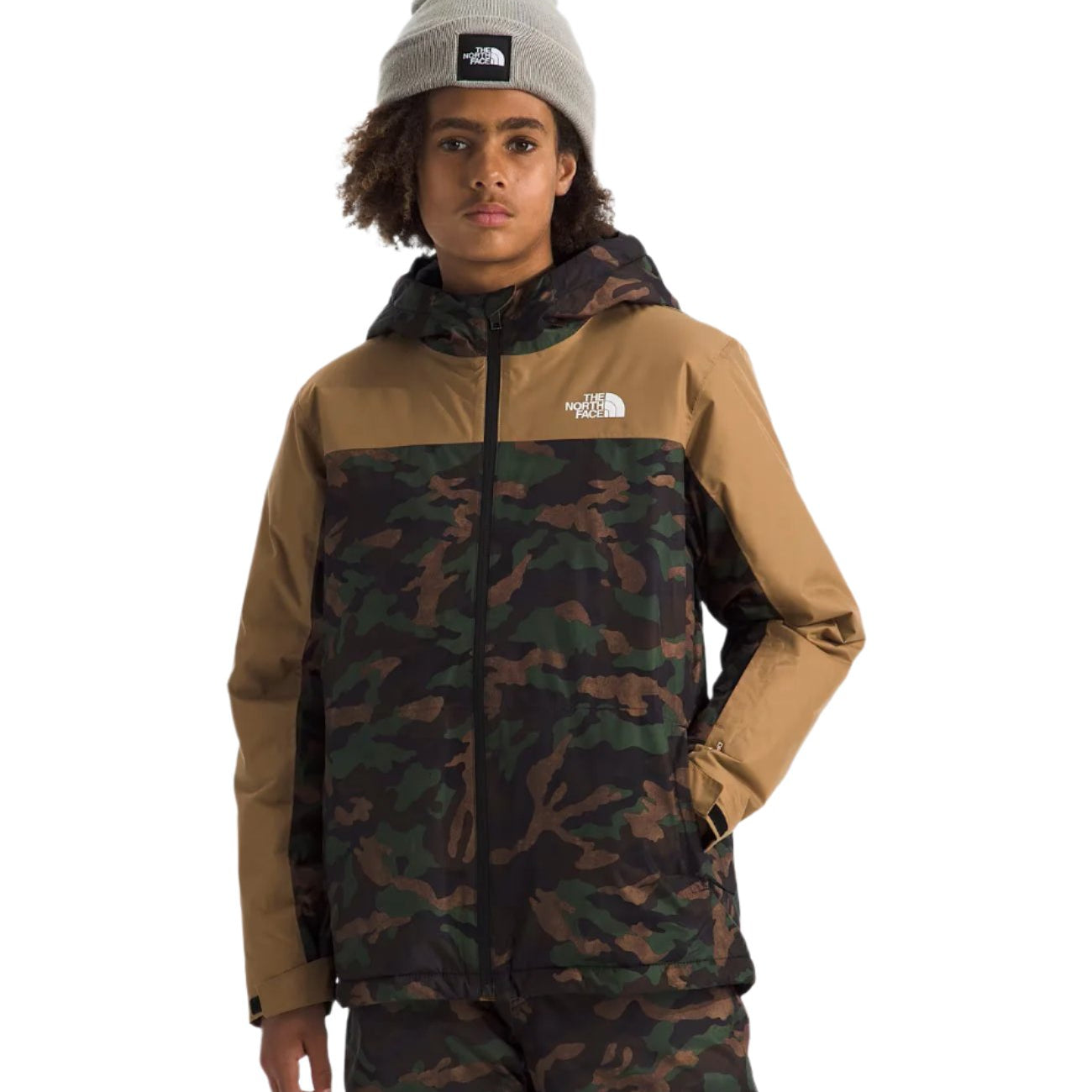 North Face Boys' Freedom Insulated Jacket - A dark green jacket with a white logo on the left chest and a zipper down the front.