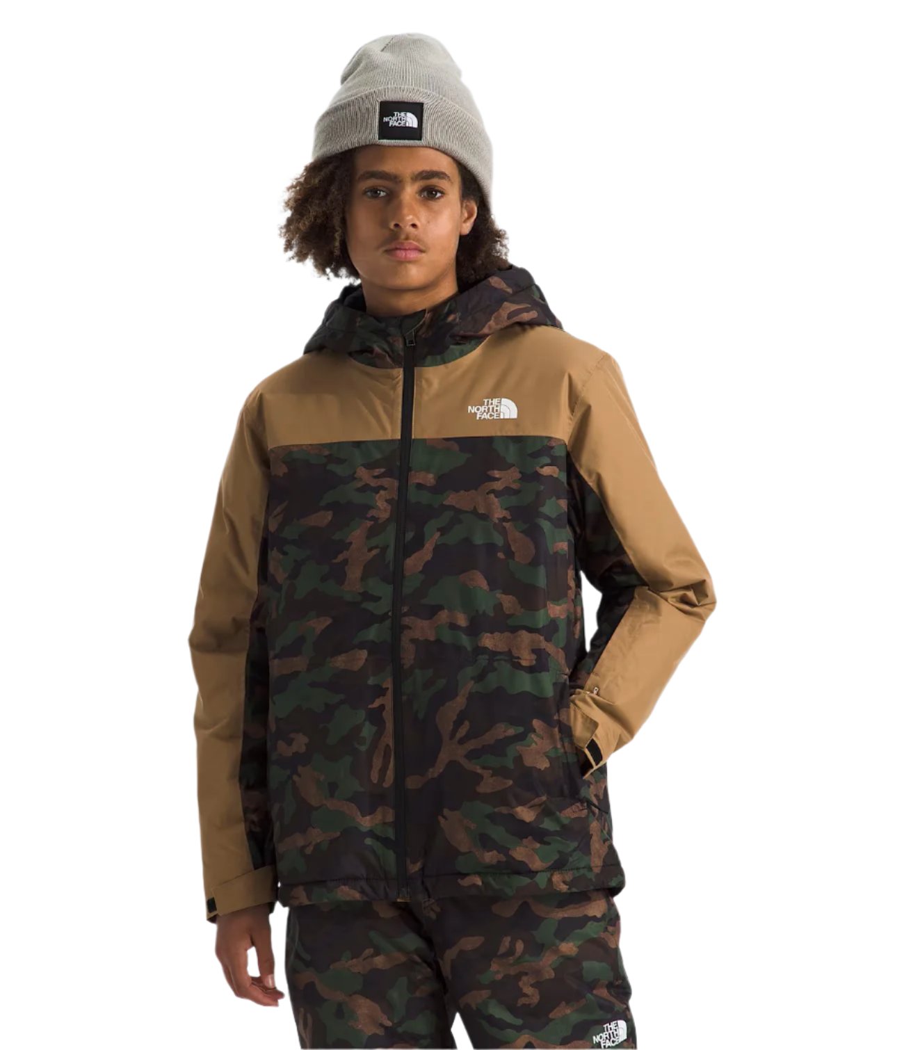 North Face Boys' Freedom Insulated Jacket - A dark green jacket with a white logo on the left chest and a zipper down the front.