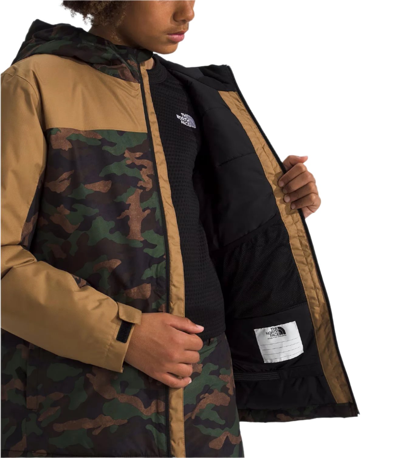 North Face Boys' Freedom Insulated Jacket - A dark green jacket with a white logo on the chest and two zippered pockets on either side.