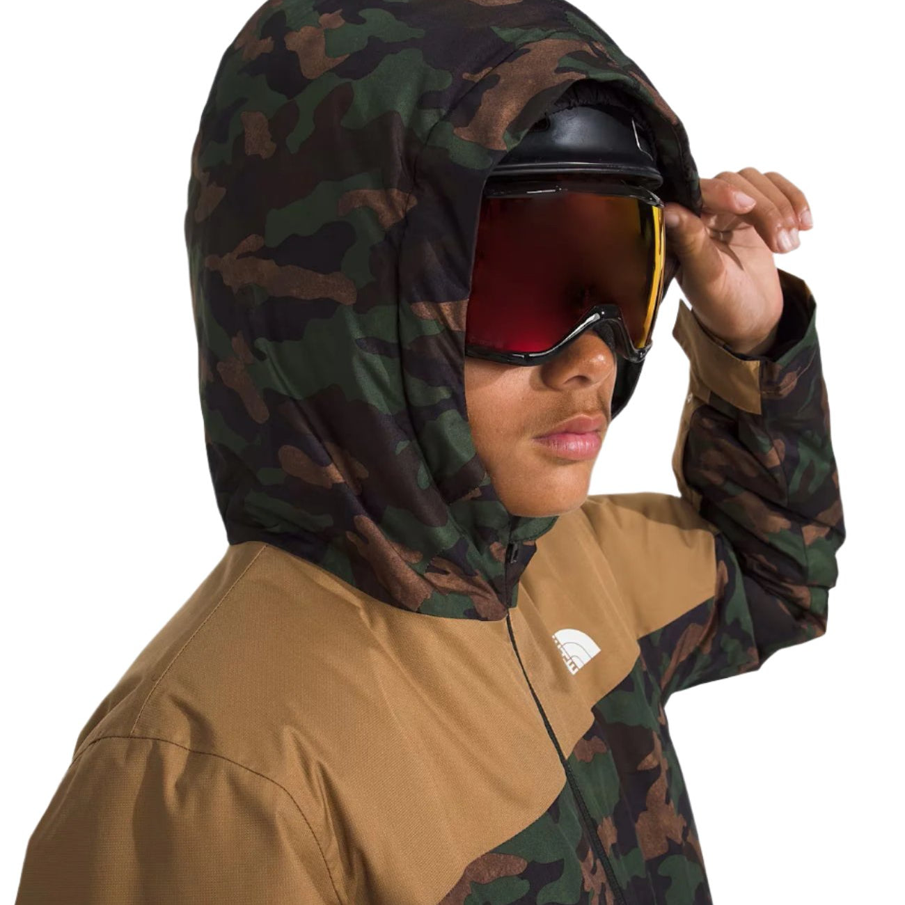 North Face Boys' Freedom Insulated Jacket - A dark green, camouflage-printed jacket with a hood and white logo on the chest.