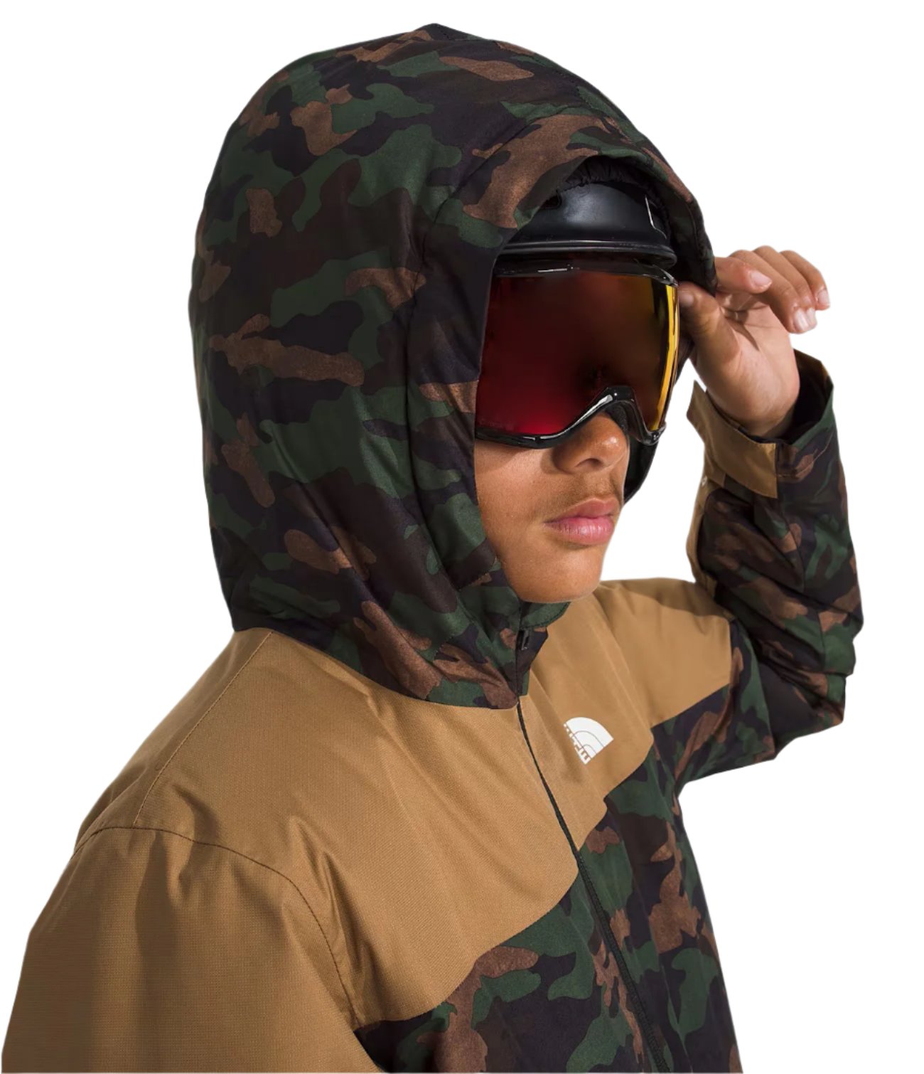 North Face Boys' Freedom Insulated Jacket - A dark green, camouflage-printed jacket with a hood and white logo on the chest.