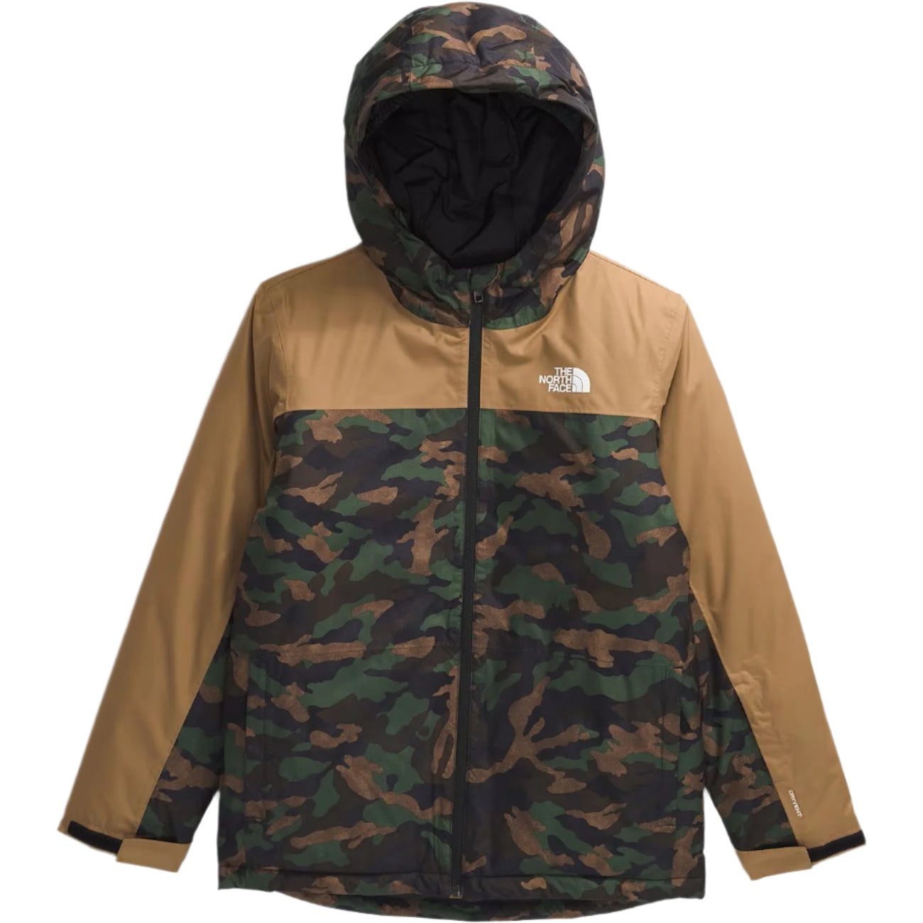 North Face Boys' Freedom Insulated Jacket - A green, brown, and black camouflage patterned jacket with a hood.