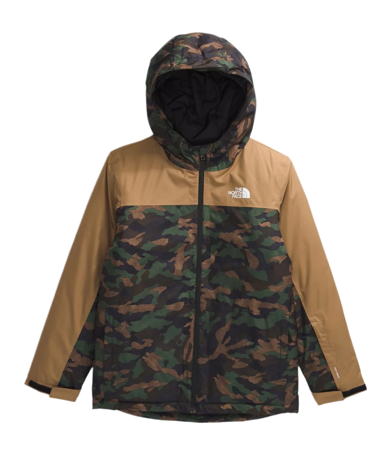 North Face Boys' Freedom Insulated Jacket - A green, brown, and black camouflage patterned jacket with a hood.