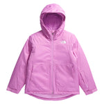 North Face Girls' Freedom Insulated Jacket - A pink jacket with a white logo on the left chest and two pockets on either side of the front.