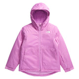 North Face Girls' Freedom Insulated Jacket - A pink jacket with a white logo on the left chest and two pockets on either side of the front.