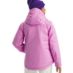 North Face Girls' Freedom Insulated Jacket - A young girl wearing a pink jacket with a hood, standing in front of a white background.