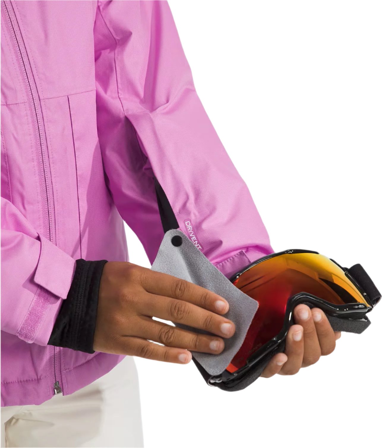 North Face Girls' Freedom Insulated Jacket - A pink jacket with a zipper down the front and two zippered pockets on either side.