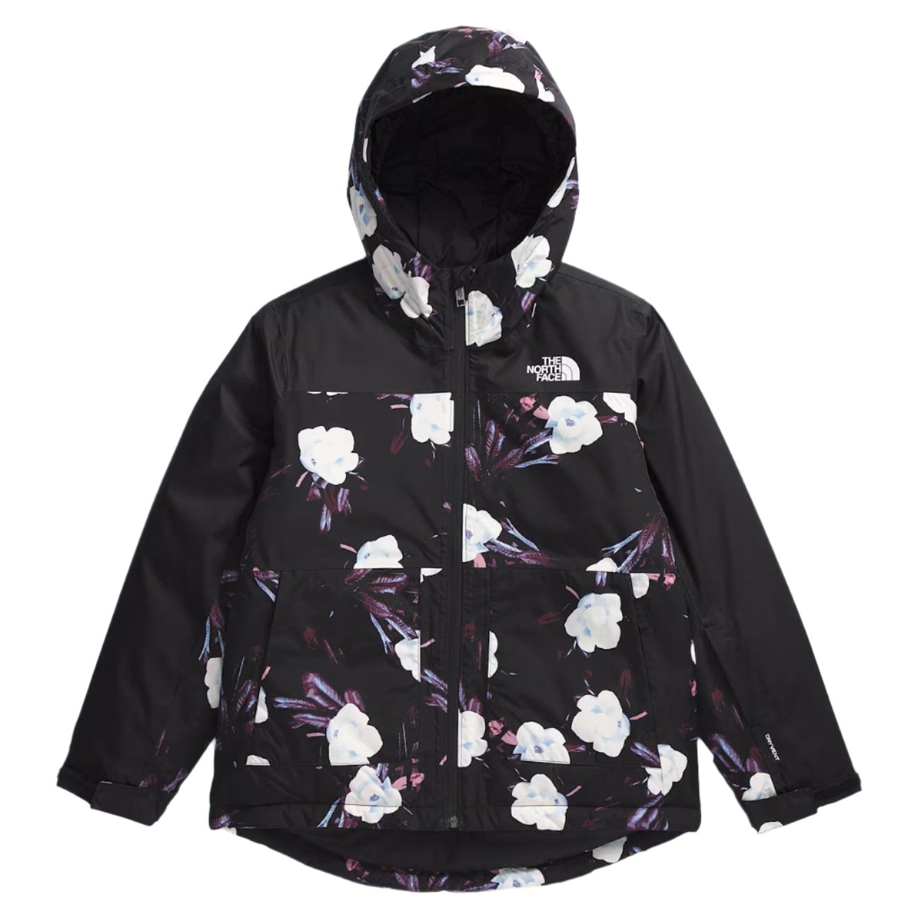 North Face Girls' Freedom Insulated Jacket 2025 - A black jacket with a white logo on the left chest and a floral pattern of white flowers, pink leaves, and blue stems.