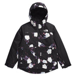 North Face Girls' Freedom Insulated Jacket 2025 - A black jacket with a white logo on the left chest and a floral pattern of white flowers, pink leaves, and blue stems.