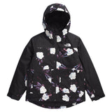 North Face Girls' Freedom Insulated Jacket 2025 - A black jacket with a white logo on the left chest and a floral pattern of white flowers, pink leaves, and blue stems.