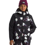 North Face Girls' Freedom Insulated Jacket - A black jacket with a white floral pattern and blue accents.