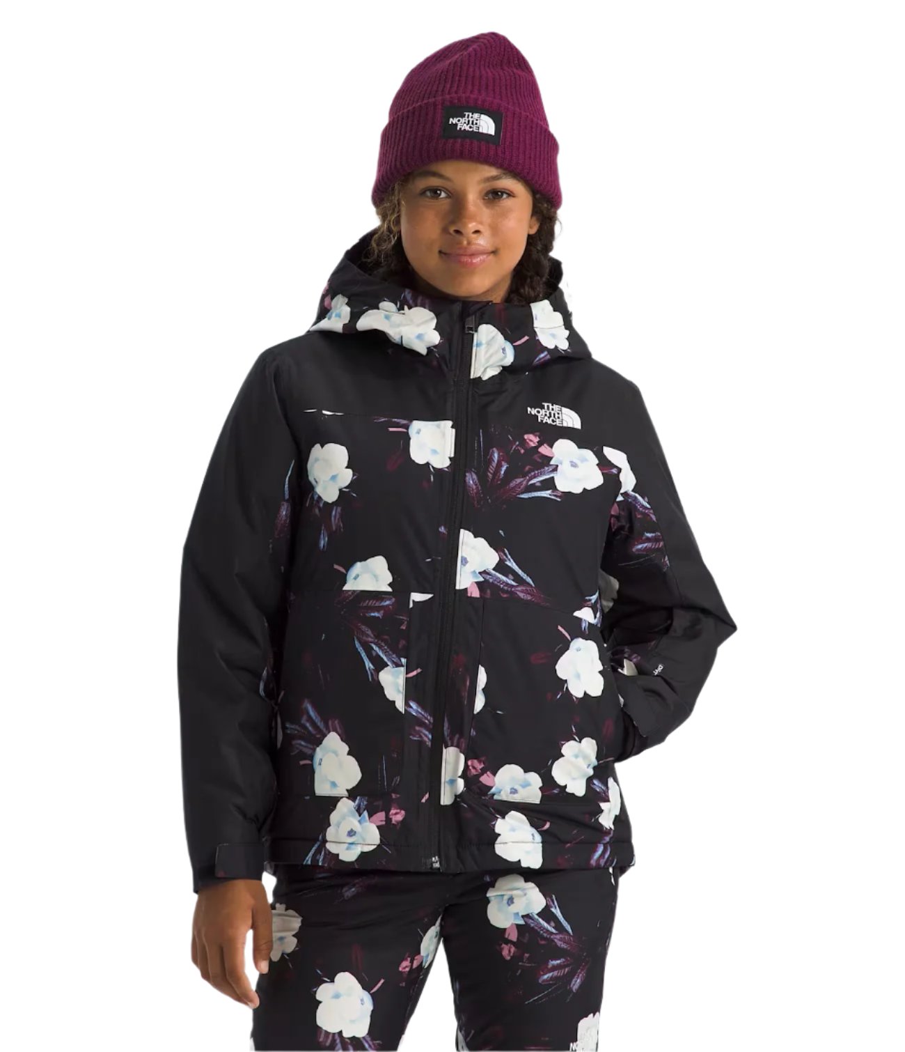 North Face Girls' Freedom Insulated Jacket - A black jacket with a white floral pattern and blue accents.