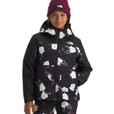 North Face Girls' Freedom Insulated Jacket - A black jacket with a white floral pattern and blue accents.