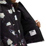North Face Girls' Freedom Insulated Jacket - A black jacket with a white logo on the left chest and a floral pattern of white, blue, and purple flowers.