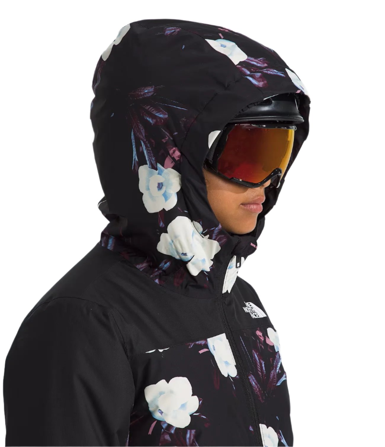 North Face Girls' Freedom Insulated Jacket 2025 - A black jacket with a white flower pattern and blue accents.