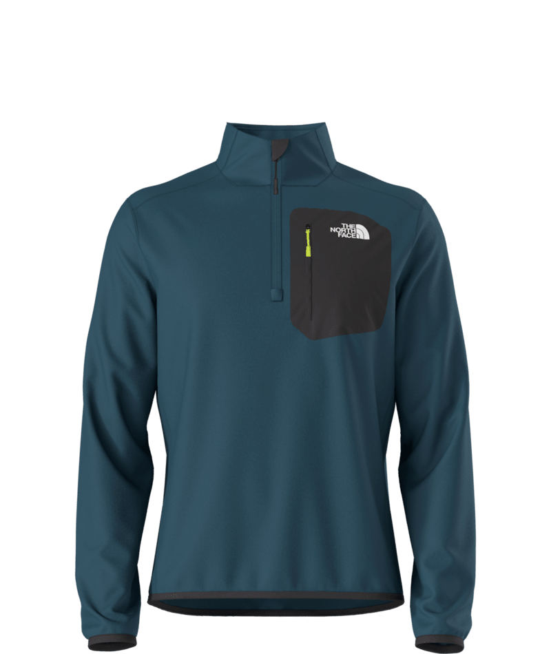 North Face Crest 1/4 Zip Pull Over 2025 - A dark blue-green fleece pullover with a quarter zip and white logo on the left chest.