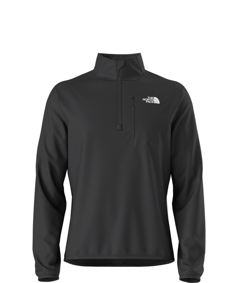 North Face Crest 1/4 Zip Pull Over 2025 - A dark gray fleece pullover with a quarter zip closure and white logo on the left chest.