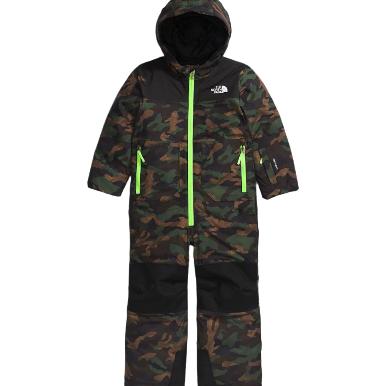 North Face Junior's Freedom Insulated Snow Suit 2025 - A dark green snowsuit with a camouflage pattern, featuring neon yellow zippers and accents on the front pockets.