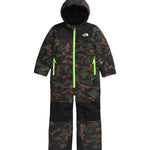 North Face Junior's Freedom Insulated Snow Suit 2025 - A dark green snowsuit with a camouflage pattern, featuring neon yellow zippers and accents on the front pockets.
