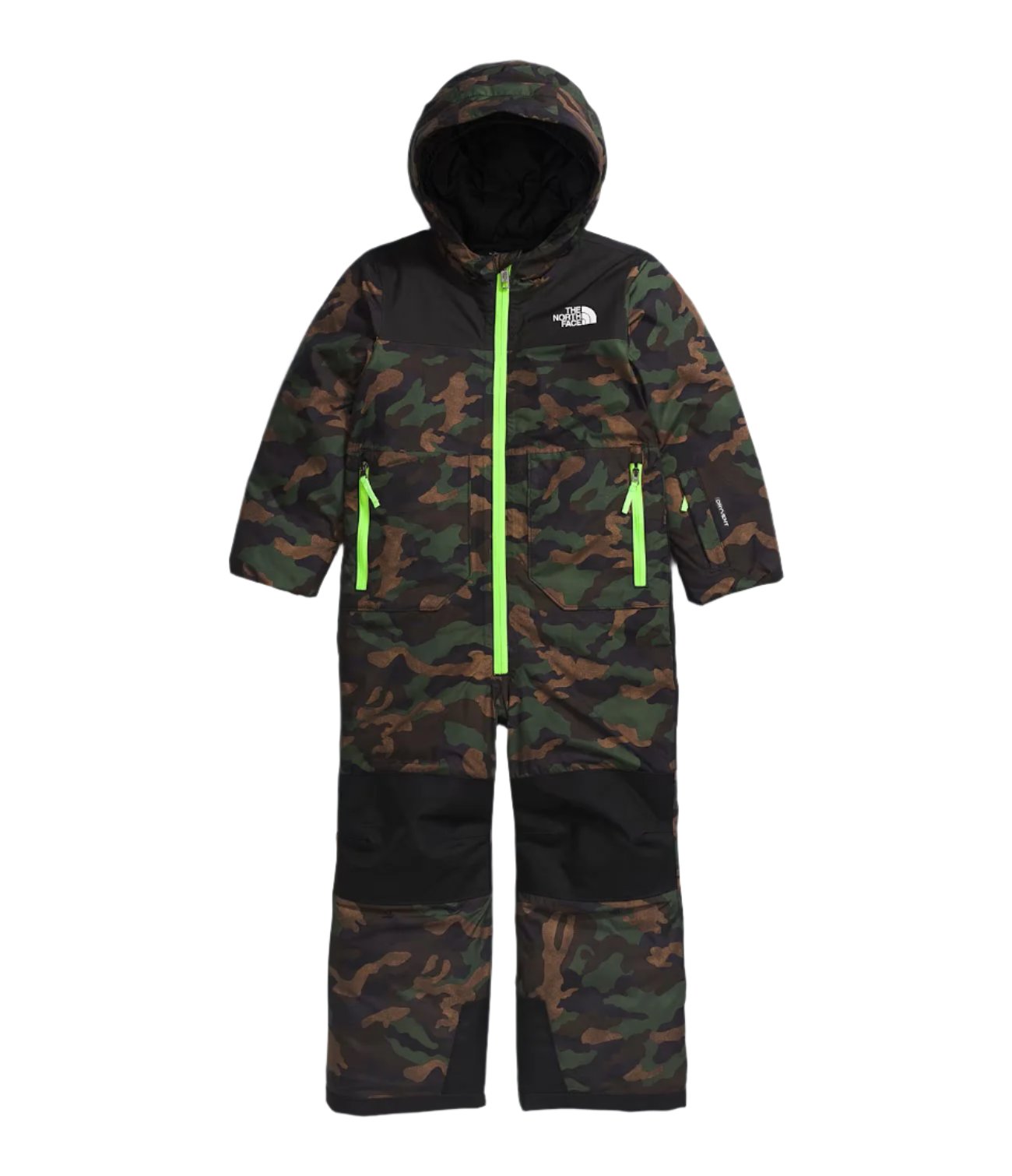 North Face Junior's Freedom Insulated Snow Suit 2025 - A dark green snowsuit with a camouflage pattern, featuring neon yellow zippers and accents on the front pockets.