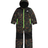 North Face Junior's Freedom Insulated Snow Suit 2025 - A dark green snowsuit with a camouflage pattern, featuring neon yellow zippers and accents on the front pockets.
