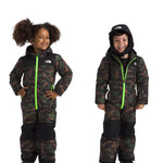 North Face Junior's Freedom Insulated Snow Suit 2025 - A dark green snowsuit with a camouflage pattern, featuring a white logo on the chest and black accents.