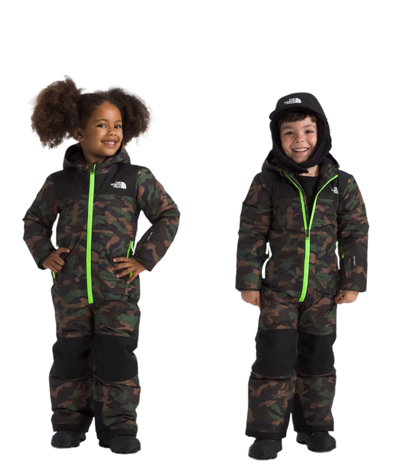 North Face Junior's Freedom Insulated Snow Suit 2025 - A dark green snowsuit with a camouflage pattern, featuring a white logo on the chest and black accents.