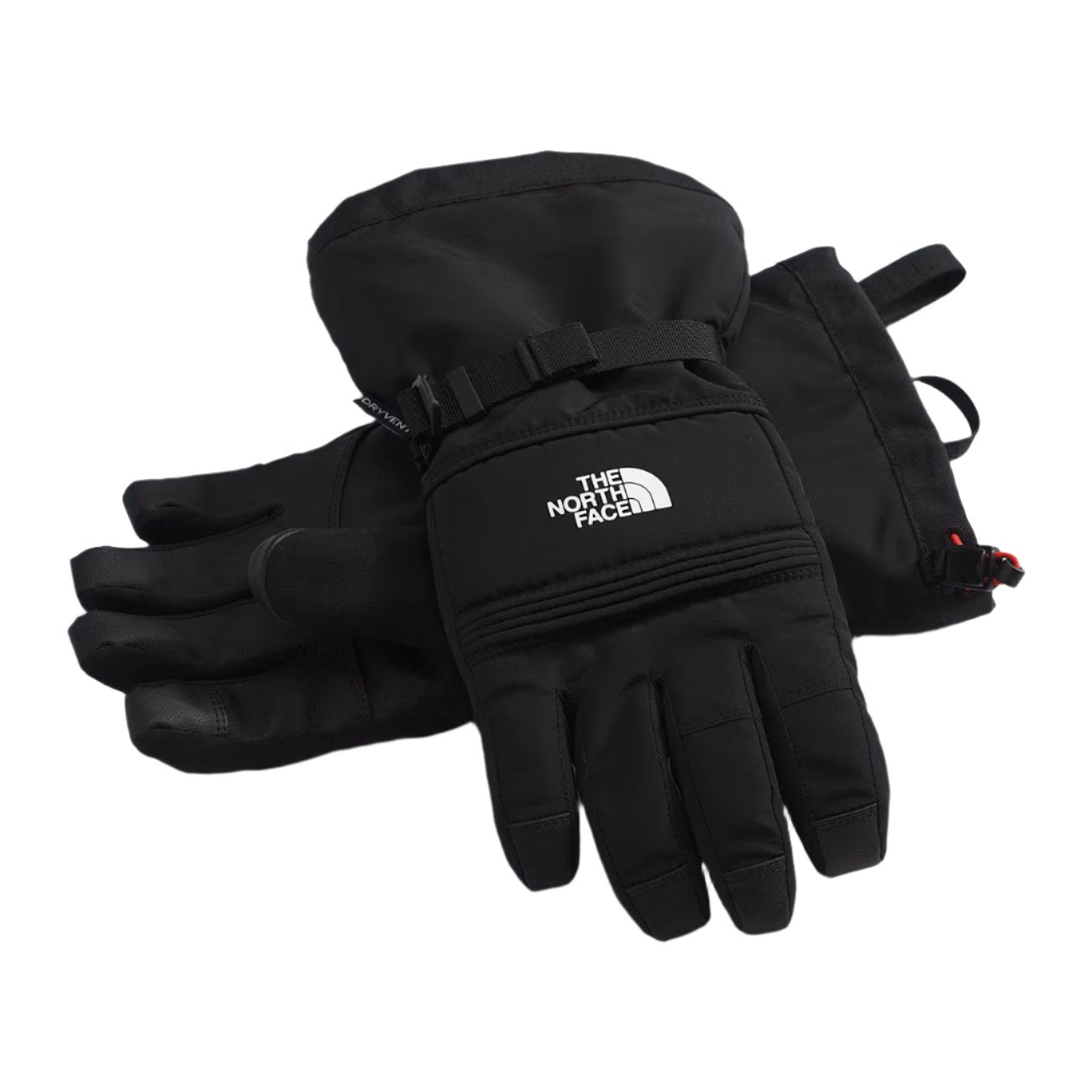 North Face Men's Montana Glove - A black glove with a white logo on the back of the hand, featuring a strap closure and a textured palm.
