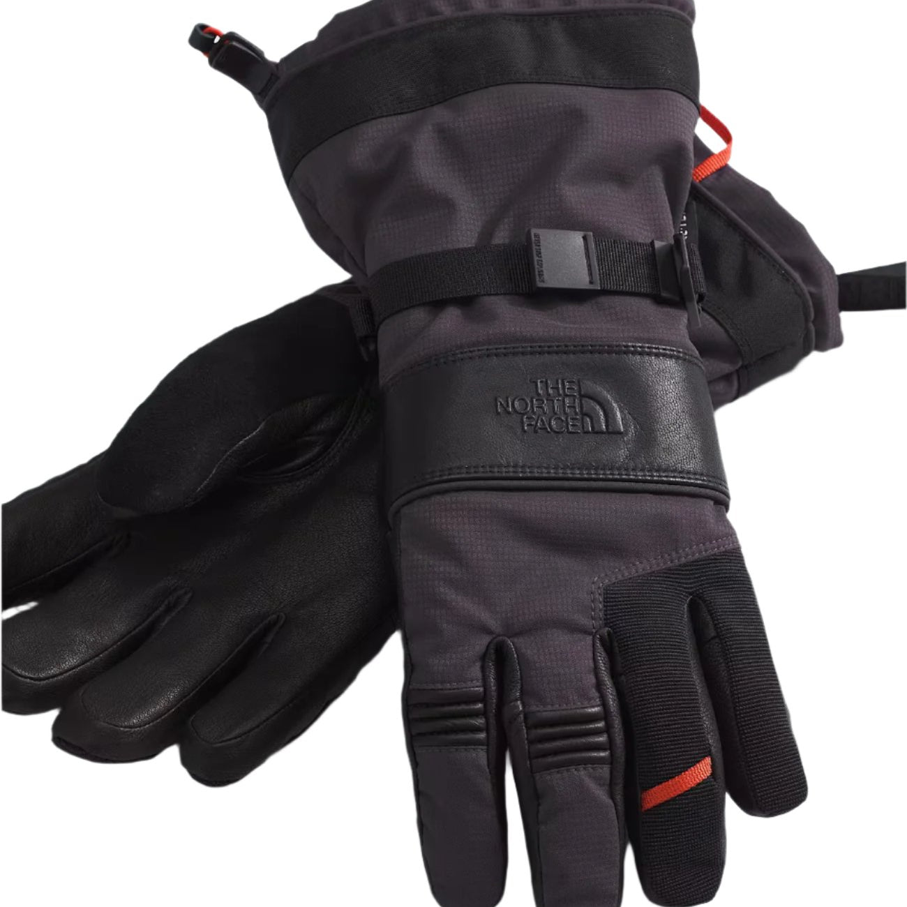 North Face Men's Montana GORE-TEX Glove - A pair of black gloves with a strap and buckle on the wrist, featuring a prominent logo in the center of the palm.