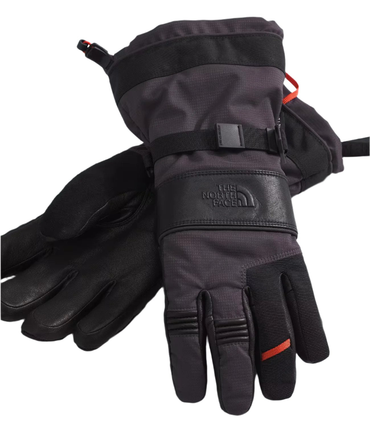 North Face Men's Montana GORE-TEX Glove - A pair of black gloves with a strap and buckle on the wrist, featuring a prominent logo in the center of the palm.