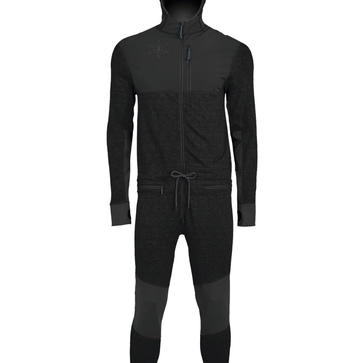 Airblaster Ninja Suit Pro 2025 - Black snowsuit with a star-shaped zipper pull on the chest.