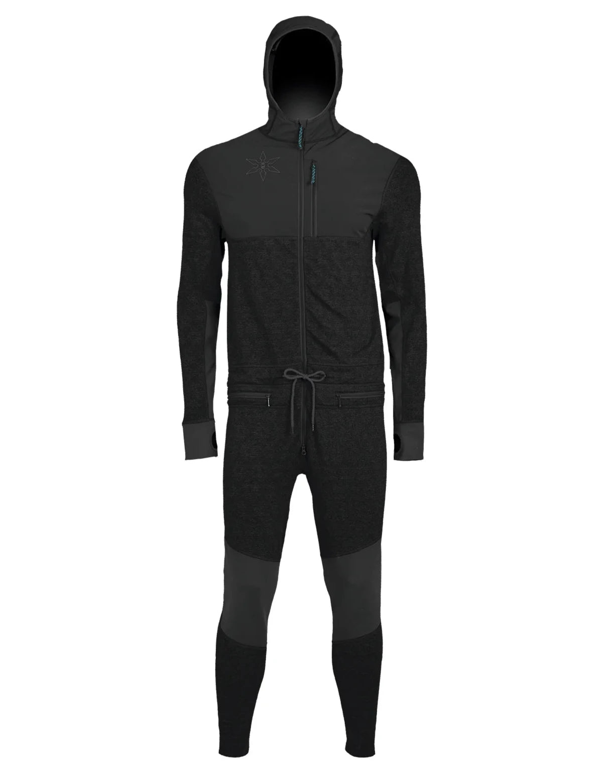 Airblaster Ninja Suit Pro 2025 - Black snowsuit with a star-shaped zipper pull on the chest.