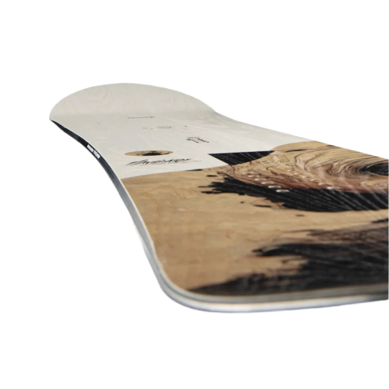 CAPiTA The Navigator Snowboard 2025 - A snowboard with a white top and black bottom, featuring a brown graphic of a man riding down a mountain.