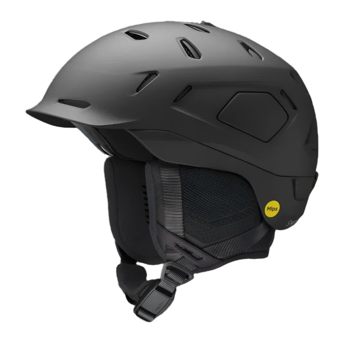 Smith Nexus MIPS Helmet 2025 - A black helmet with a matte finish, featuring ventilation holes and a yellow MIPS sticker on the side.