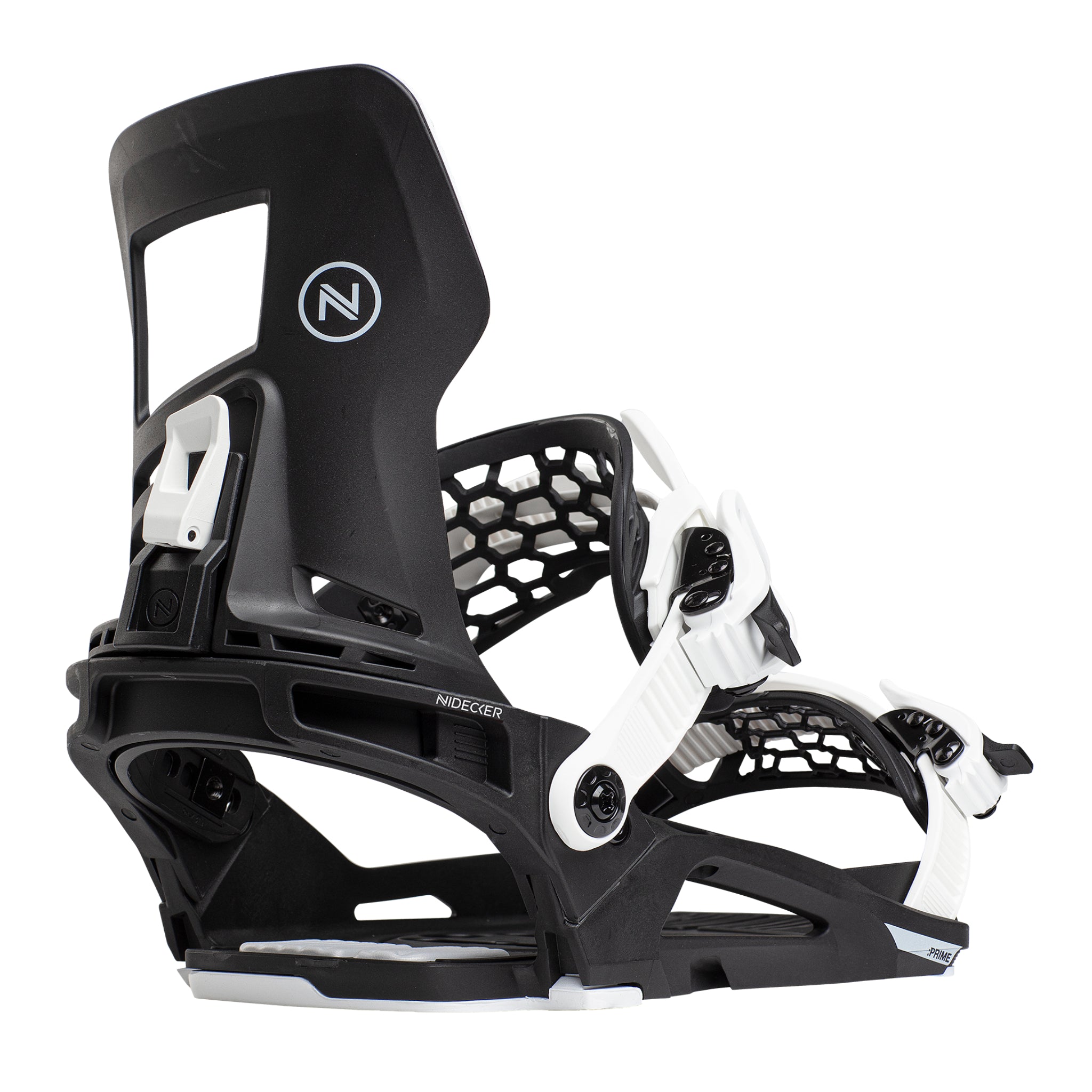 Nidecker Prime Youth Snowboard Bindings - Black bindings with white buckles and straps on a plain white background.