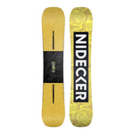 Nidecker Sensor Team Snowboard 2025 - A yellow snowboard with a black band featuring a repeating pattern of gray images, including a hand holding a cup and a bottle.