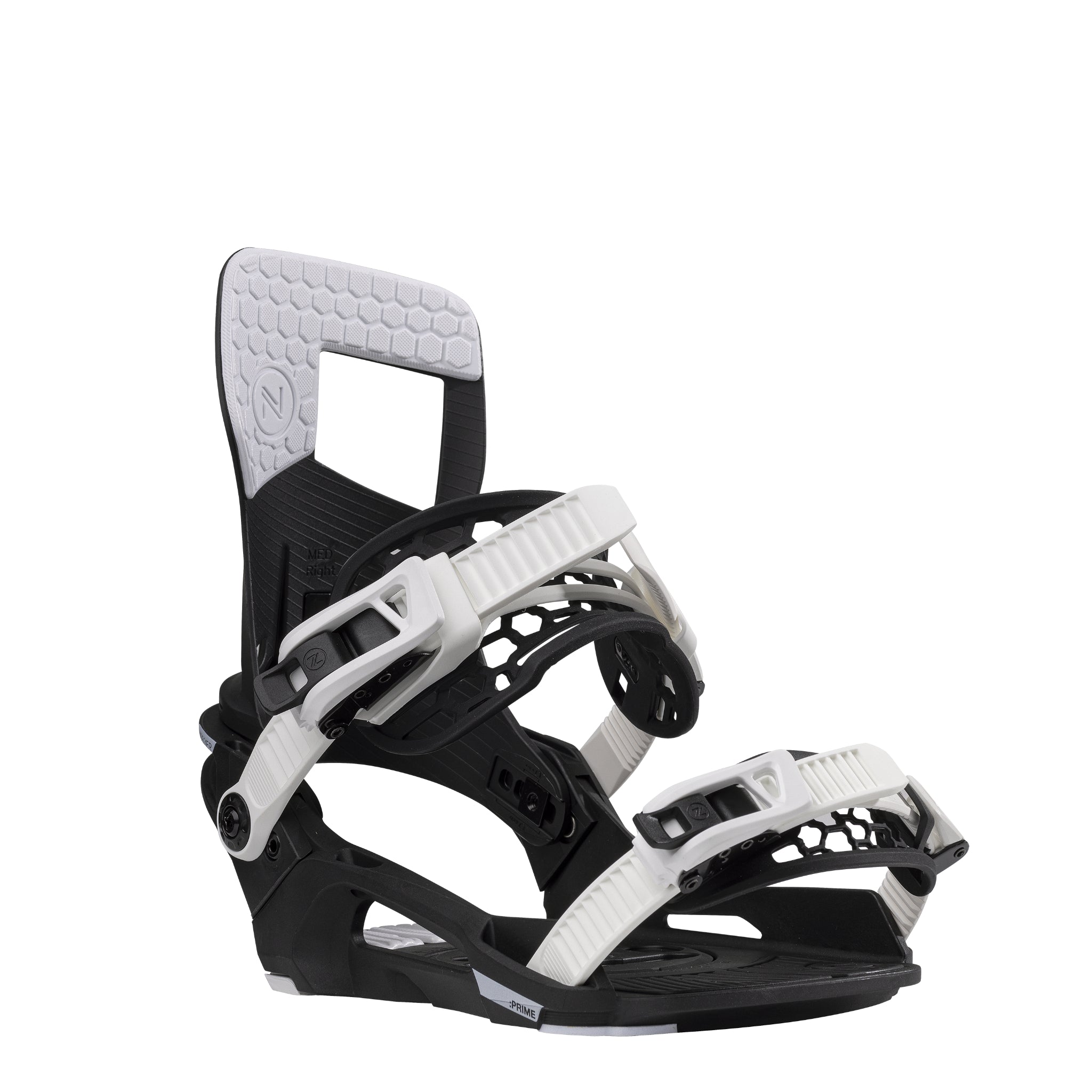 Nidecker Prime Youth Snowboard Bindings 2025 - A pair of black and white snowboard bindings with a geometric pattern on the straps.