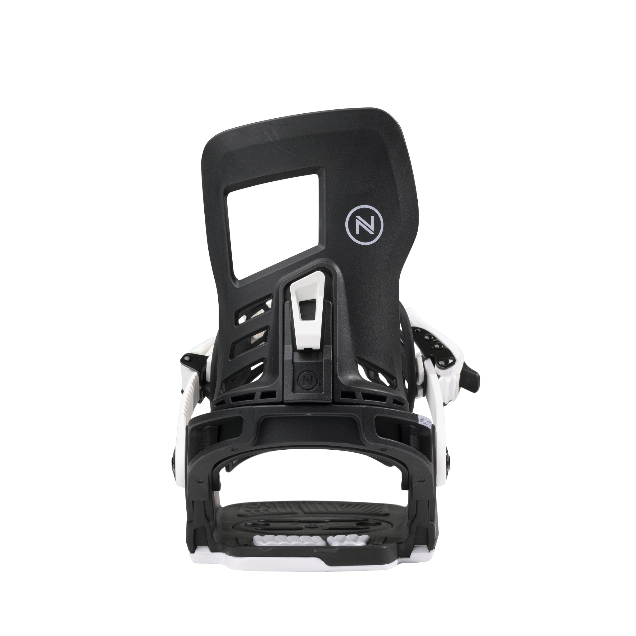 Nidecker Prime Youth Snowboard Bindings 2025 - A black and white snowboard binding with a rectangular cutout on its top plate.