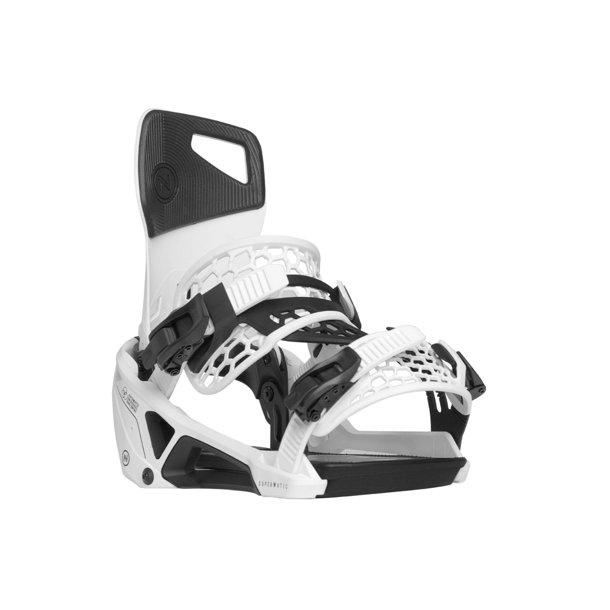 Nidecker Supermatic Snowboard Binding - A white snowboard binding with black accents and a black strap on top.