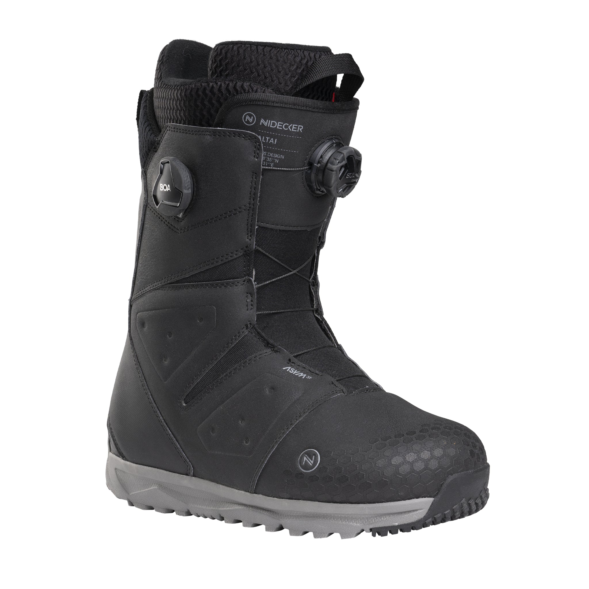 Nidecker Men's Altai Snowboard Boot 2025 - Black snowboard boots with a textured pattern on the toe and heel, featuring a BOA closure system.