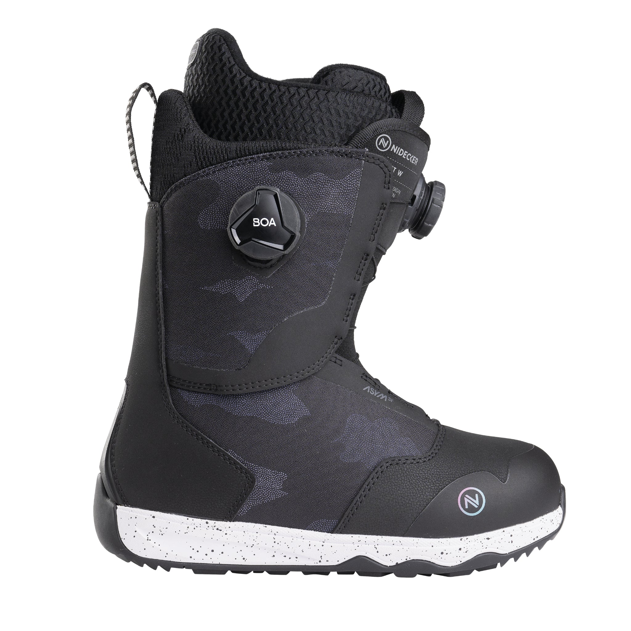 Nidecker Rift Women's Snowboard Boots 2025 - Black snowboard boots with a camouflage pattern on the upper portion and white speckled sole.