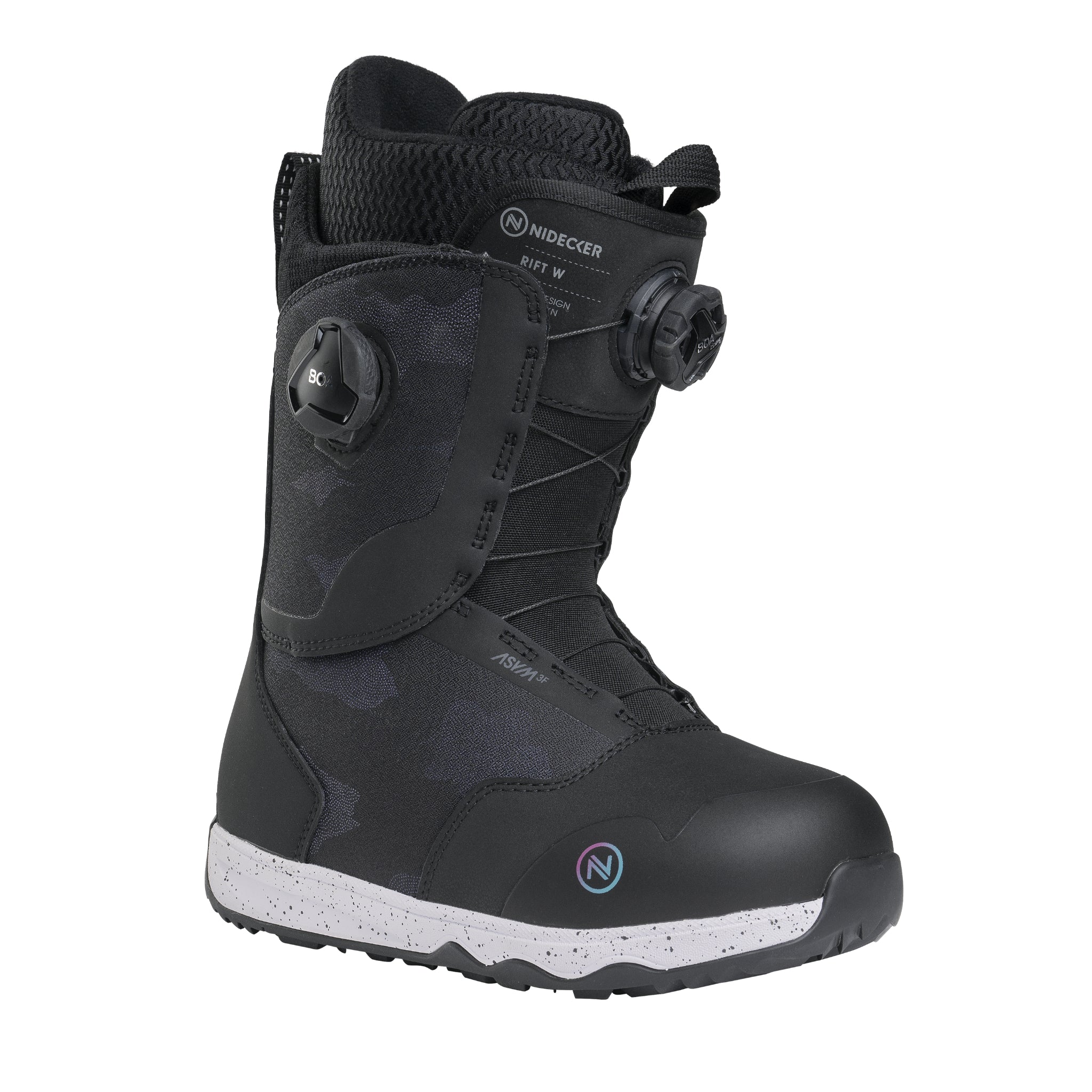 Nidecker Rift Women's Snowboard Boots 2025 - Black snowboard boots with a textured pattern on the upper and a white sole.