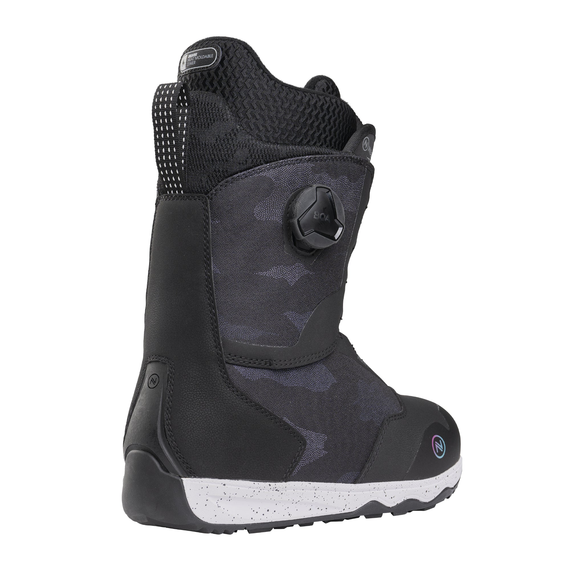 Nidecker Rift Women's Snowboard Boots 2025 - A black snowboard boot with a subtle pattern of small, light-colored dots on the upper portion.