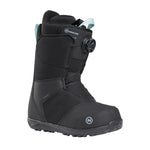 Nidecker Women's Sierra Snowboard Boots 2025 - Black snowboard boots with white logo on side and light blue strap at back.