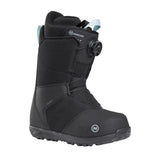 Nidecker Women's Sierra Snowboard Boots 2025 - Black snowboard boots with white logo on side and light blue strap at back.