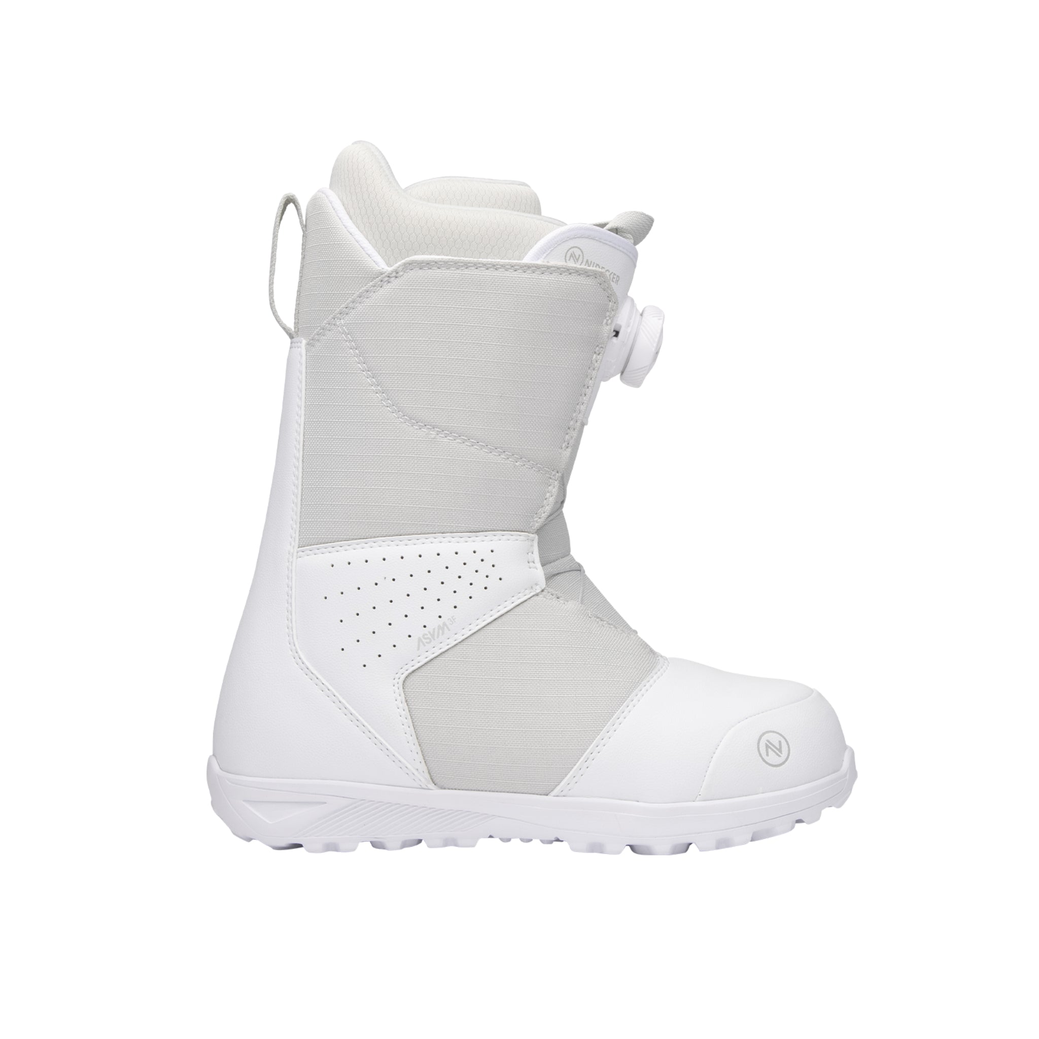 Nidecker Women's Sierra Snowboard Boots 2025 - A pair of white snowboard boots with a textured pattern on the side and a small logo on the toe.