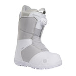 Nidecker Women's Sierra Snowboard Boots 2025 - A pair of white snowboard boots with a textured pattern on the side and a round, white dial on the front.