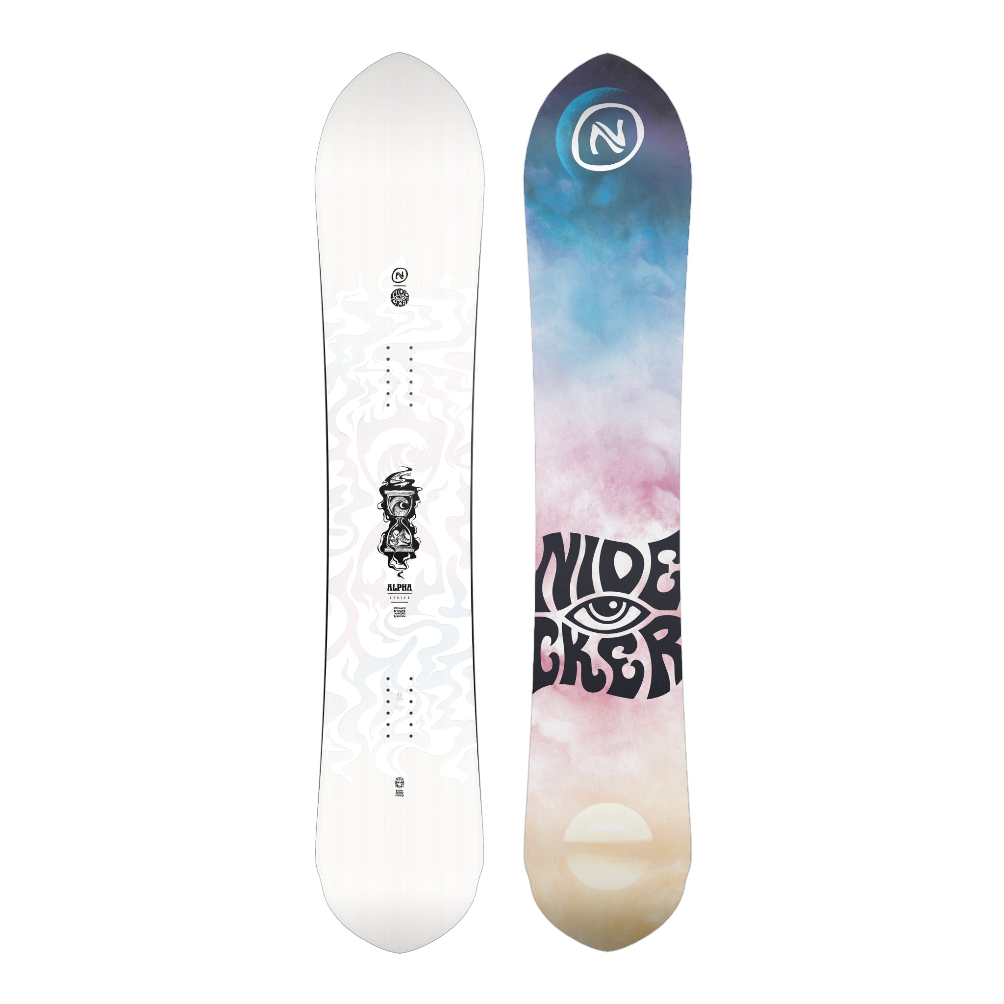 Nidecker Alpha Snowboard 2025 - A white snowboard with a black and grey abstract design on top of it.