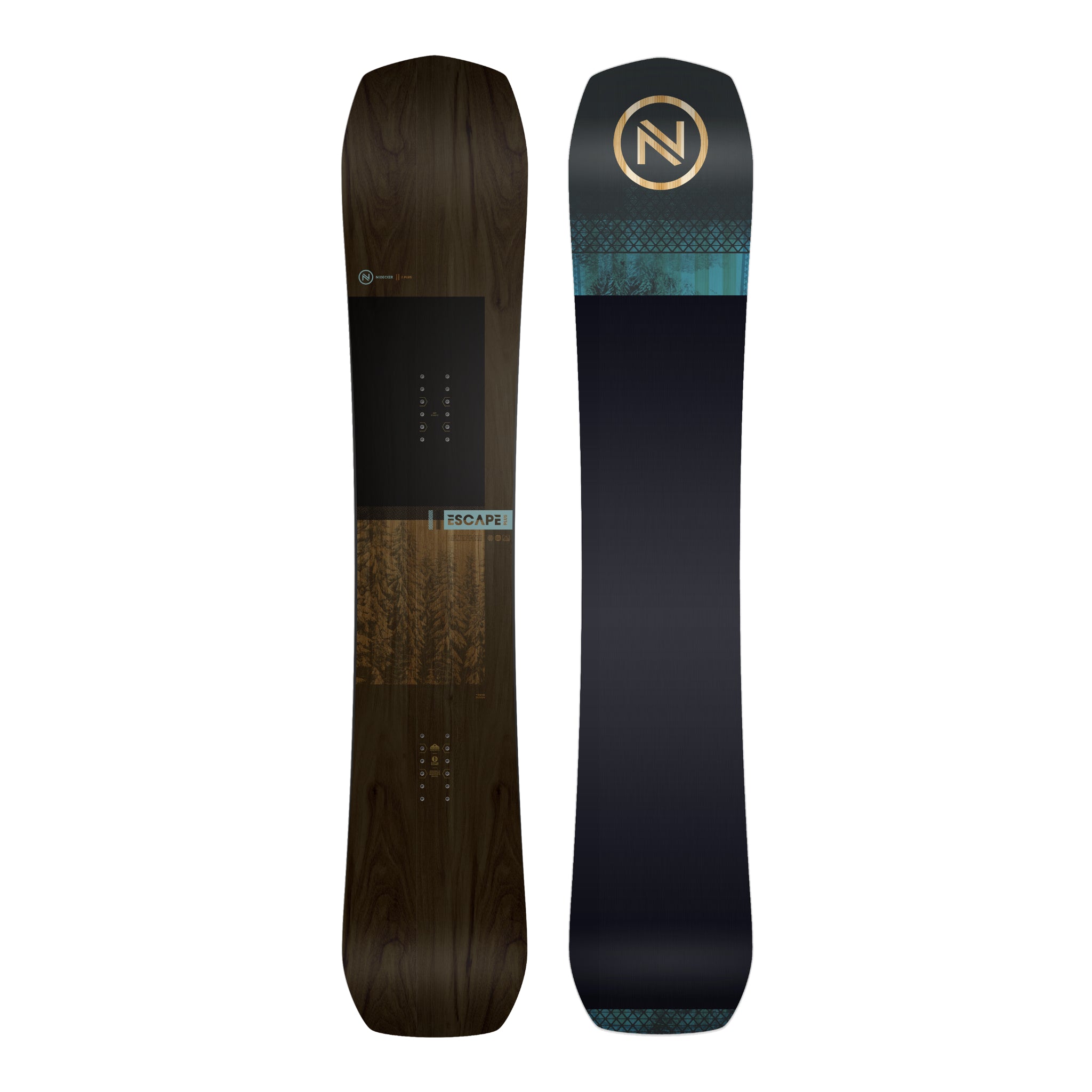 Nidecker Escape Plus Snowboard 2025 - A dark brown snowboard with a black rectangle on top featuring white dots and the word "ESCAPE" in small letters.