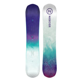 Nidecker Junior's Micron Venus Snowboard 2025 - A purple and teal snowboard with a cloud pattern on top of a white base.